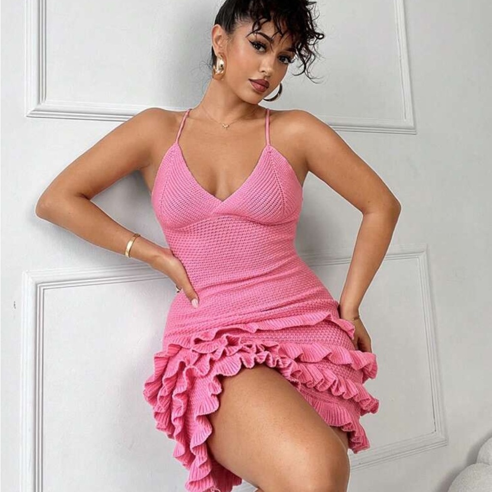 Chic Pink Ruffle Knit Dress - Picture 2 of 3
